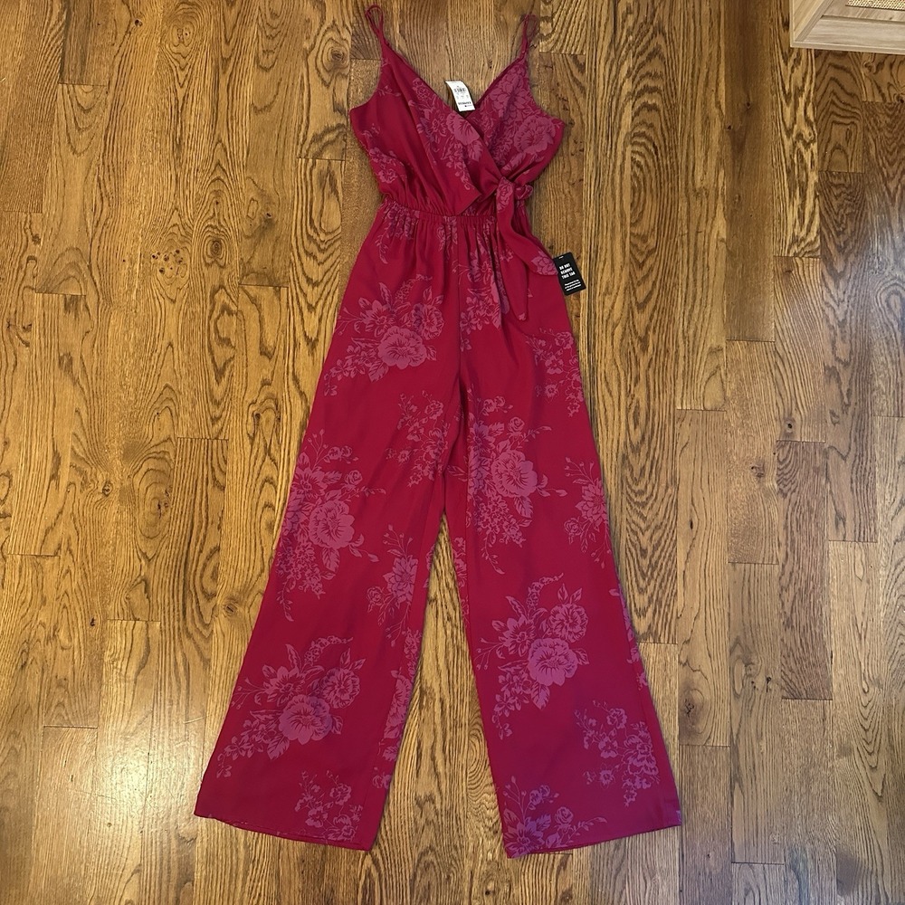 Express Women's XS Sleeveless Front Tie Wide Leg‎ Jumpsuit Magenta Purple Floral